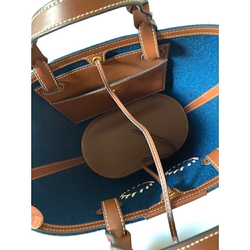 Anya Hindmarch Small Eyes Felt Tote Bag Leather Trimmed Dark Petrol Blue Brown - Picture 8 of 13